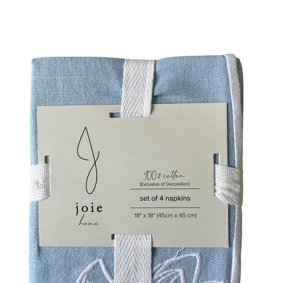 J JOIE Embroidered Flower Napkins 18x18 Pastel Blue & White Cotton Set of 4 NEW - Picture 3 of 10